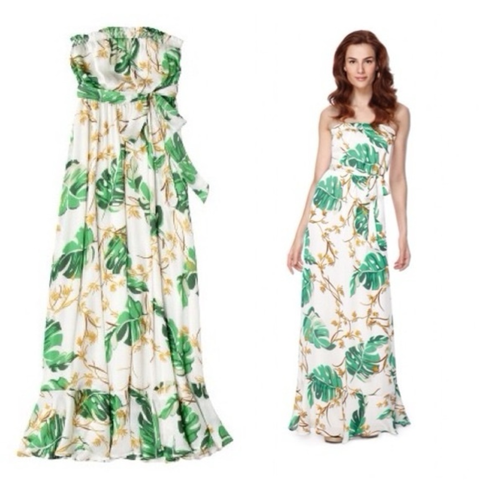 The Webster Miami Tropical Floral Strapless Maxi Silky Pearl Chiffon Dress